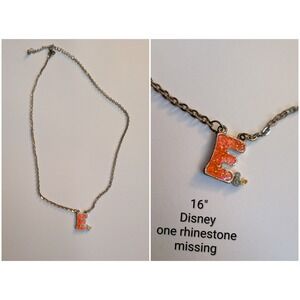 Disney Initial E Necklace Orange Glitter Mickey Mouse Pendant Silver Tone 16in